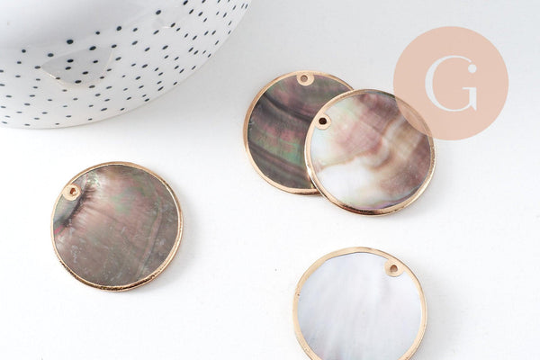 Pendentif rond nacre noire doré, pendentif coquillage, coquillage noir, coquillage naturel,création bijoux,35mm, x2 (G2182)