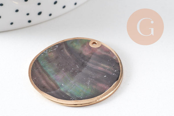 Pendentif rond nacre noire doré, pendentif coquillage, coquillage noir, coquillage naturel,création bijoux,35mm, x2 (G2182)