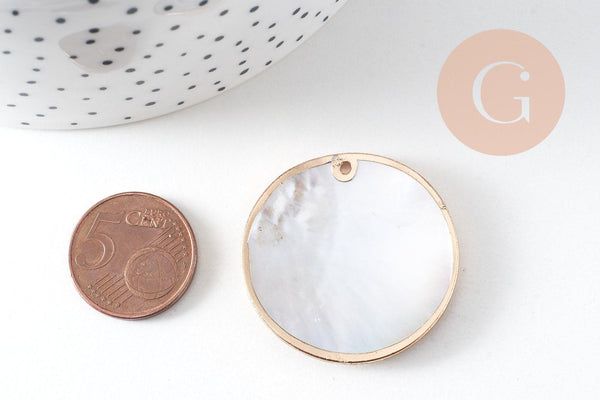 Pendentif rond nacre noire doré, pendentif coquillage, coquillage noir, coquillage naturel,création bijoux,35mm, x2 (G2182)