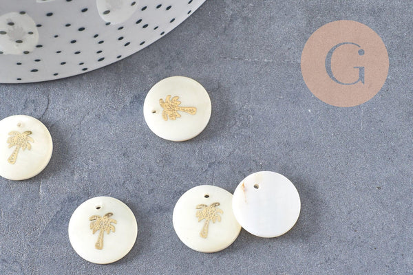 Pendentif rond nacre palmier, pendentif palmier,coquillage blanc naturel,16mm,1 trou, x 5 (G0833)