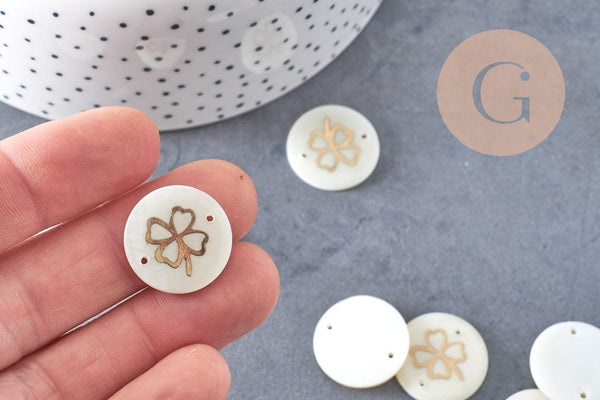 Pendentif rond nacre trèfle quatre feuilles 16mm, pendentif trèfle,coquillage blanc, coquillage naturel, x5 (G0915)