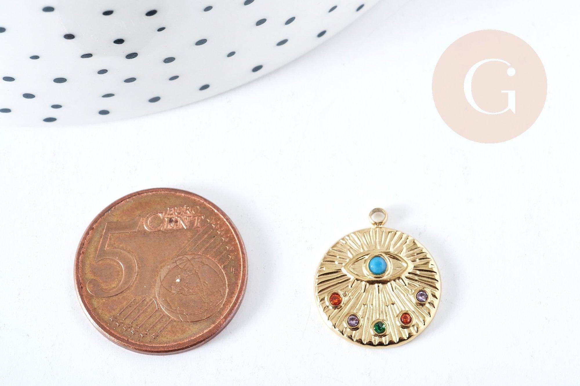 Pendentif rond oeil acier 304 inoxydable doré I¨P zircons multicolores 18mm, x1 (G8716)