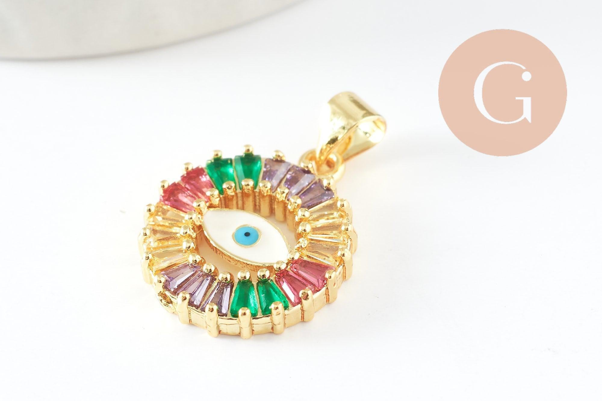 Pendentif rond oeil doré cristal zircon coloré, porte-bonheur contre mauvais oeil création bijoux,18mm, x1 (G5313)