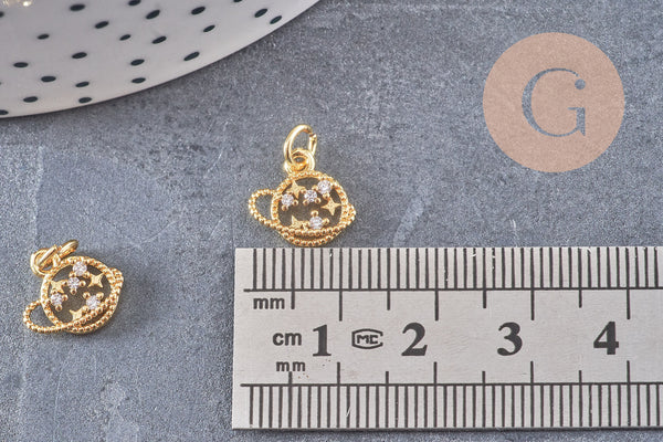 Pendentif rond planète et étoiles laiton doré 18K zircon, un pendentif doré avec cristaux pour création bijoux,10.5mm, x1 G5517