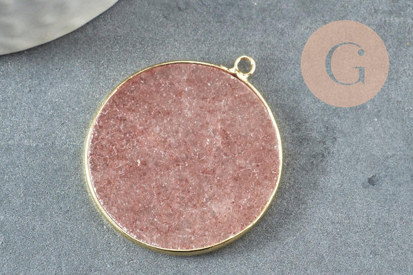 Pendentif rond quartz fraise naturel laiton doré 32mm, x1 (G3134)