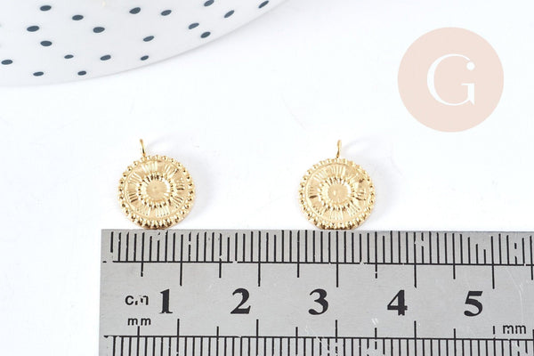 Pendentif rond soleil acier inoxydable 304 doré 14K IP 12.5mm, pendentif bijoux mystique chance, x1 G8774