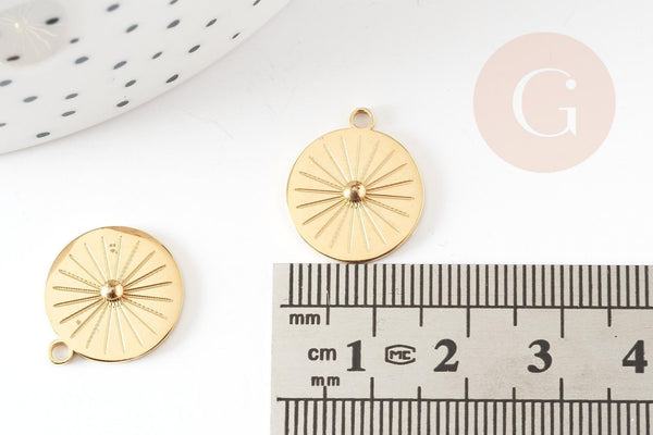 Pendentif rond soleil acier inoxydable 304 doré 14K IP 17.5mm, pendentif bijoux chance, x1 G9272