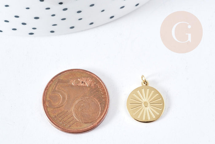 Pendentif rond soleil acier inoxydable 316L doré IP 14mm, x1 (G8741)