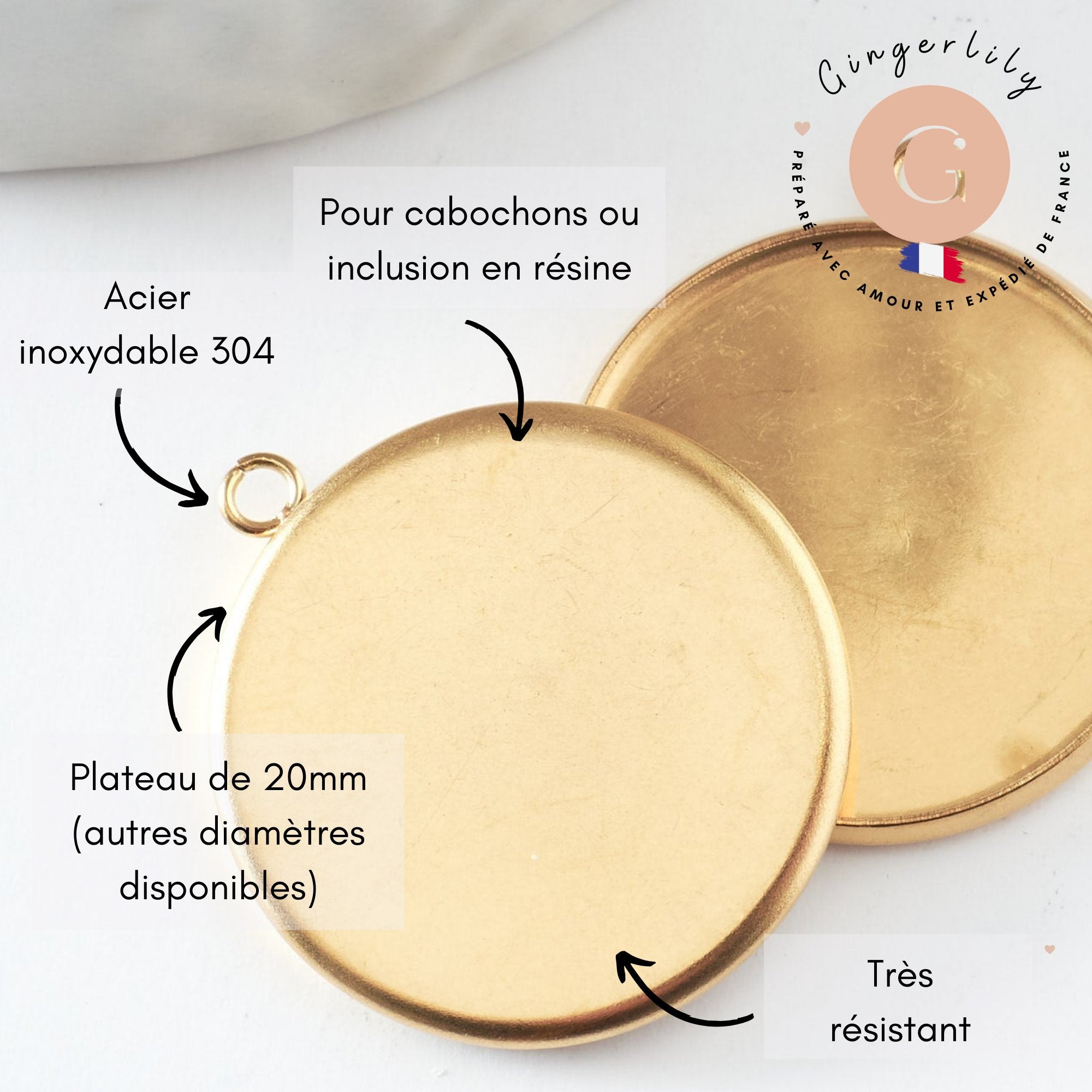 Pendentif rond support cabochon acier 304 inoxydable doré IP 20mm, x1 (G4097)