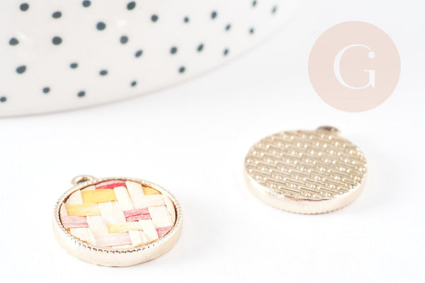 Pendentif rond textile tissé multicolore et support doré, un pendentif pour création de bijoux coloré, x2 G5675