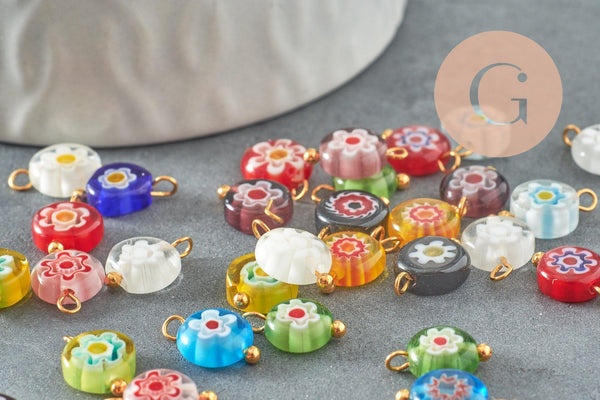 Pendentif rond verre oeil protecteur multicolore support zamac doré 12mm, x10 (G9714)