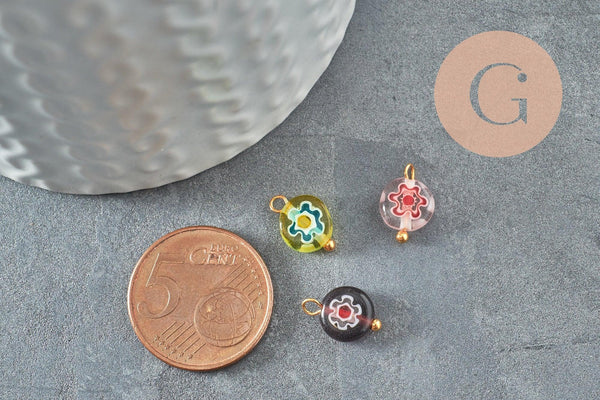 Pendentif rond verre oeil protecteur multicolore support zamac doré 12mm, x10 (G9714)