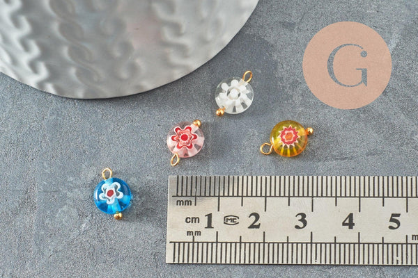 Pendentif rond verre oeil protecteur multicolore support zamac doré 12mm, x10 (G9714)