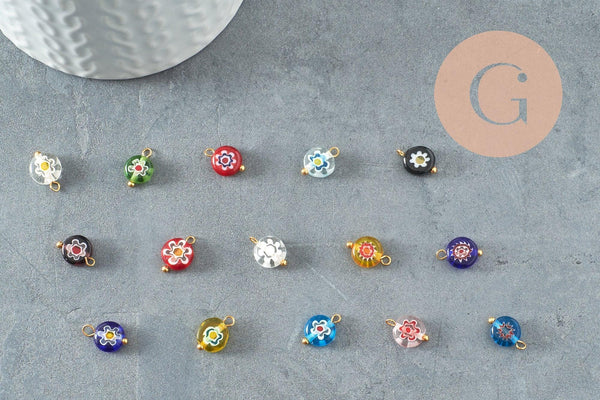 Pendentif rond verre oeil protecteur multicolore support zamac doré 12mm, x10 (G9714)