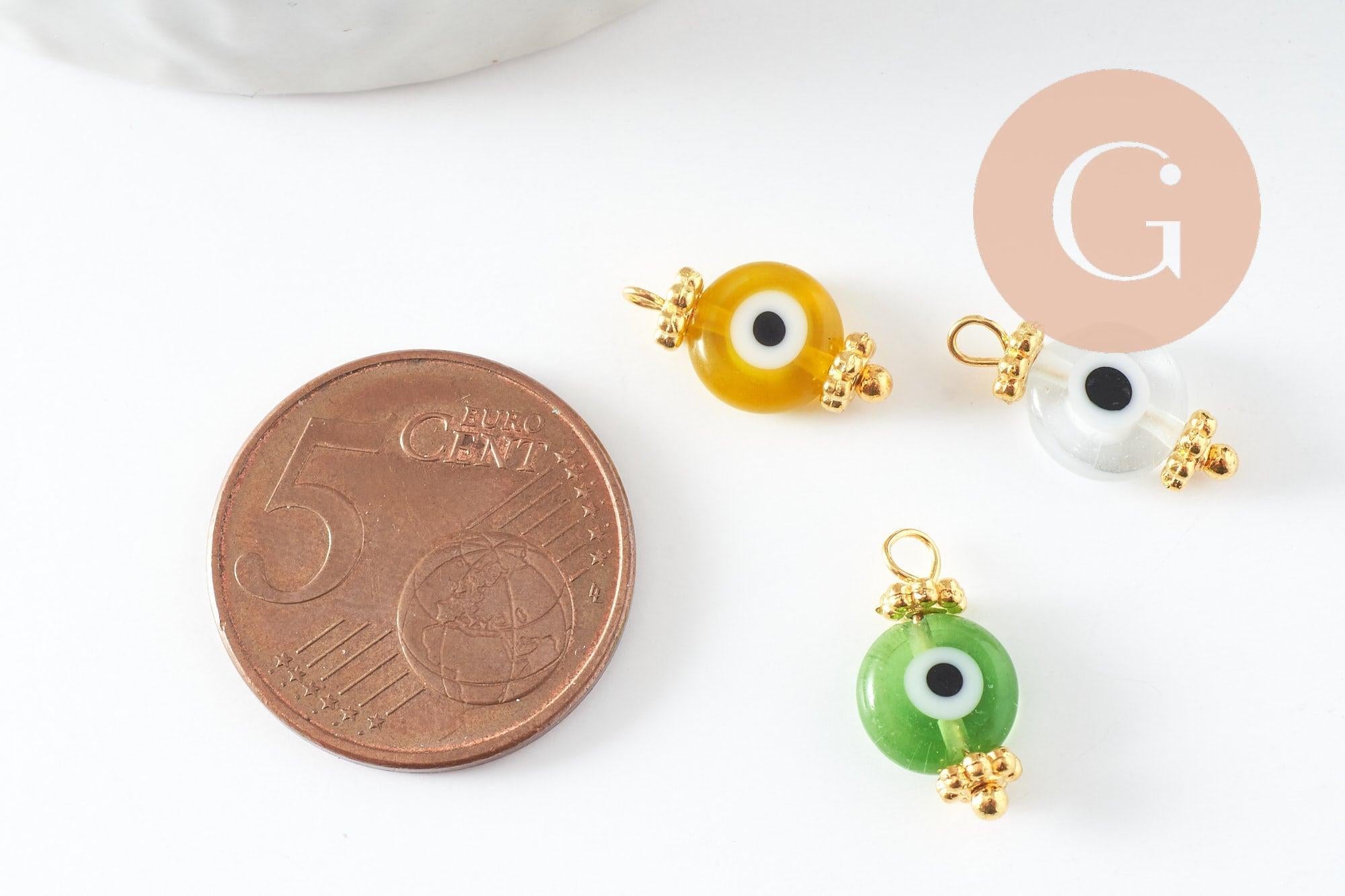 Pendentif rond verre oeil protecteur multicolore support zamac doré 9mm, x10 (G9715)