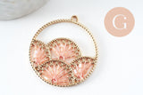 Pendentif rond zamac doré tissé rocaille rose dentelle 37.5mm, x2 (G4131)