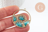 Pendentif rond zamac doré tissé rocaille vert turquoise dentelle 37.5mm, x2 (G4133)