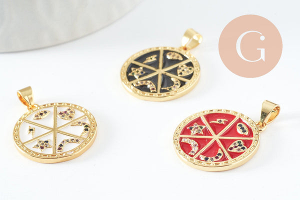 Pendentif rondzodiaque émail laiton doré 22.5mm, x1 (G5334)