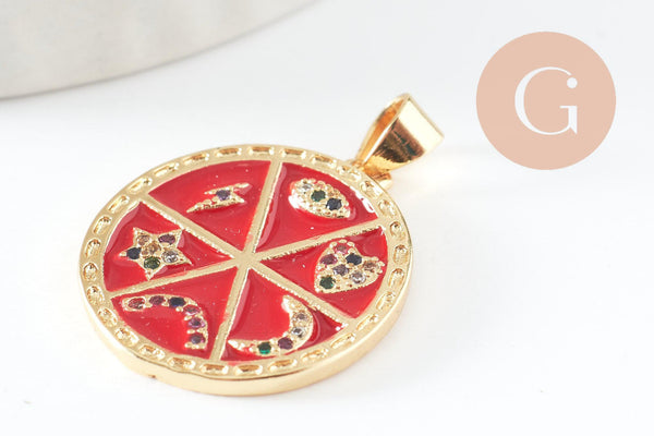 Pendentif rondzodiaque émail laiton doré 22.5mm, x1 (G5334)