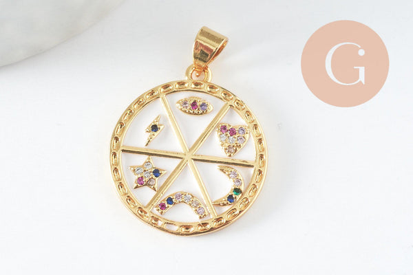 Pendentif rondzodiaque émail laiton doré 22.5mm, x1 (G5334)