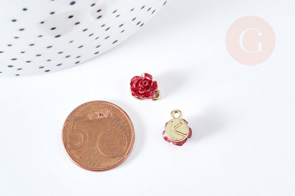 Pendentif roses rouge résine zamac doré 9.5mm, création bijoux baroque, x1 G8563