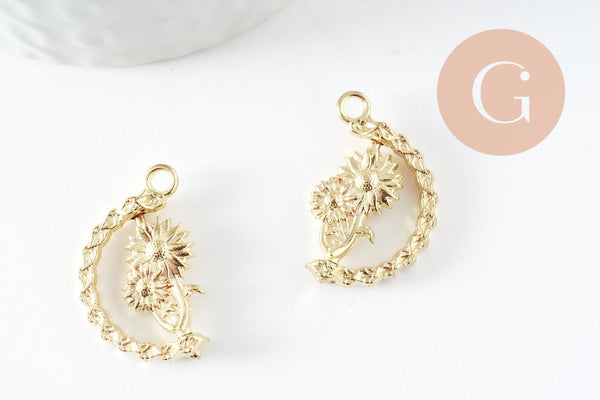 Pendentif rotatif fleurs doré zamac dore 25mm, x2 (G3317)