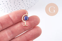 Pendentif rotatif globe terrestre monde émail bleu zamac doré 22mm, x1 (G4365)