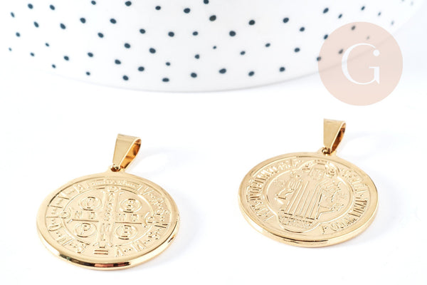 Pendentif saint Benoit acier 304 inoxydable doré 31mm, x1 (G8740)