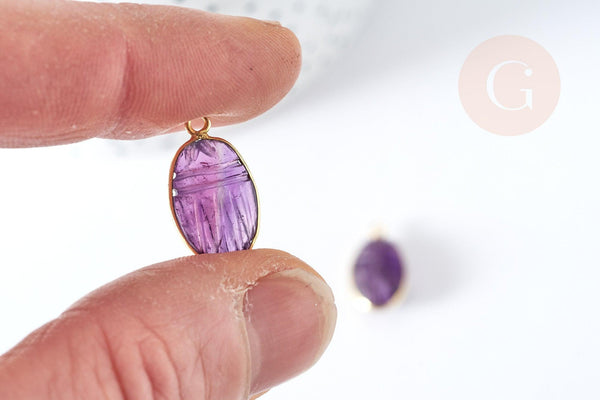 Pendentif scarabée améthyste naturelle argent 925 doré 18K 20mm,pendentif pierre chance, x1 (G7724)