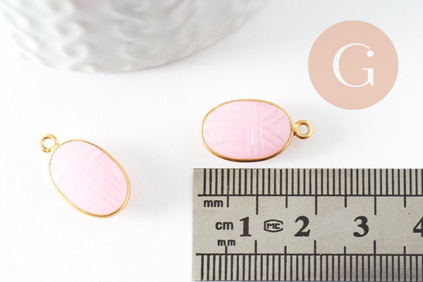 Pendentif scarabée calcedoine rose naturelle argent 925 doré 18K 20mm, x1 (G9440)