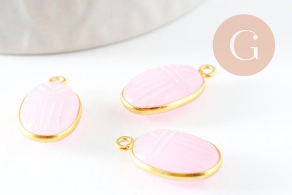 Pendentif scarabée calcedoine rose naturelle argent 925 doré 18K 20mm, x1 (G9440)