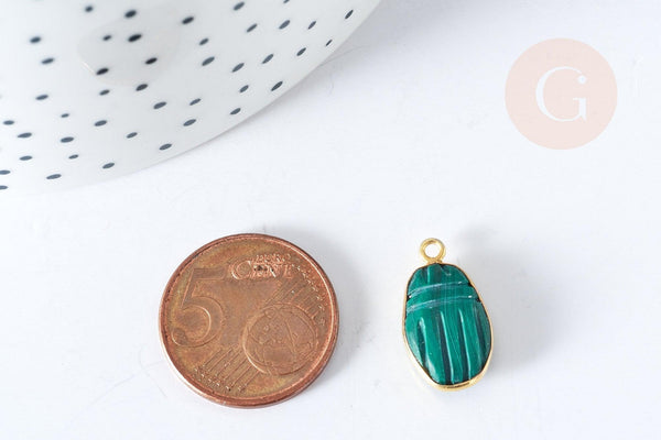 Pendentif scarabée malachite naturelle argent 925 doré 18K 19mm, x1, G7727