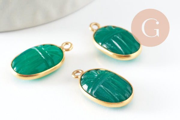 Pendentif scarabée onyx verte naturel argent 925 doré 18K 20mm, création bijou talisman en pierre x1 (G9442)