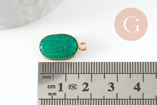 Pendentif scarabée onyx verte naturel argent 925 doré 18K 20mm, création bijou talisman en pierre x1 (G9442)