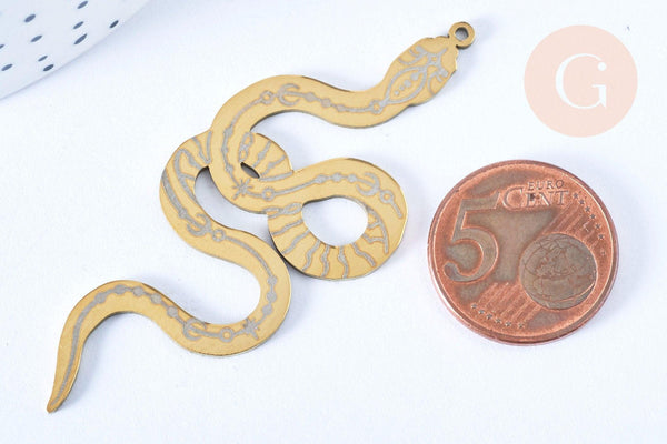 Pendentif serpent gravé acier 201 inoxydable doré 34.5mm, x1 (G6015)