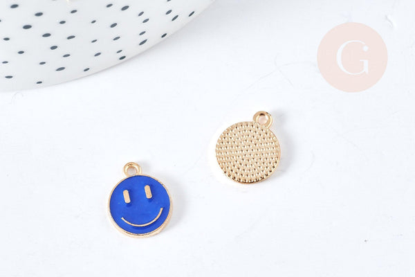 Pendentif smiley zamac doré émaillé bleu 12mm, x5 (G8416)