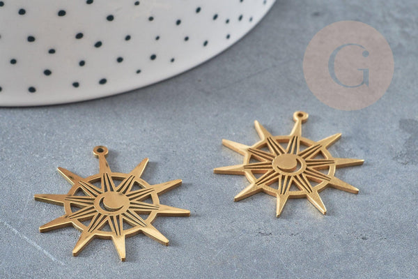 Pendentif soleil acier doré 33.5mm, breloque acier inoxydable doré, pendentif sans nickel, création bijoux, x1 G6141