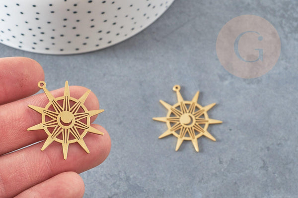 Pendentif soleil acier doré 33.5mm, breloque acier inoxydable doré, pendentif sans nickel, création bijoux, x1 G6141