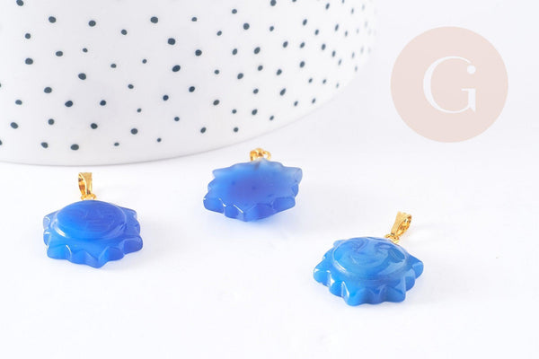 Pendentif soleil agate bleue support doré, pendentif pierre agate naturelle bleue, 23mm, x1 (G5522)