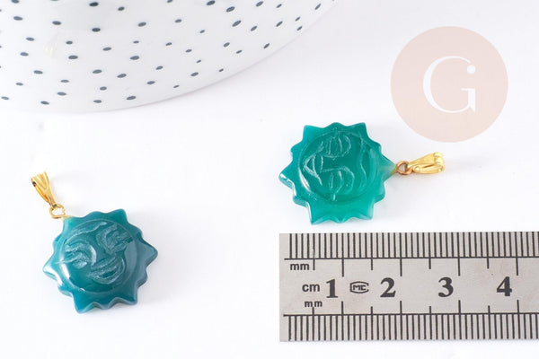 Pendentif soleil agate verte support doré, pendentif pierre agate naturelle verte, 23mm, x1, G5523