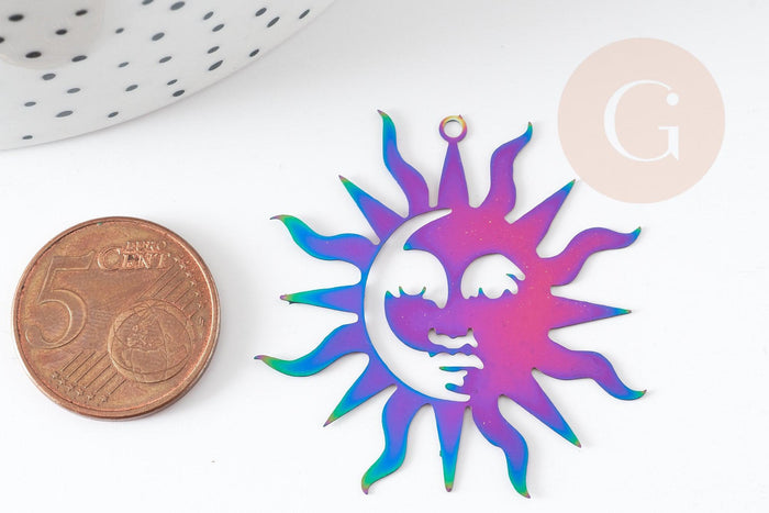 Pendentif soleil arc-en-ciel acier 201 inoxydable dore 40mm,acier inoxydable sans libération de nickel, x1 (G6152)
