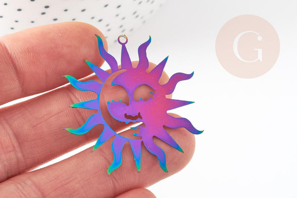 Pendentif soleil arc-en-ciel acier 201 inoxydable dore 40mm,acier inoxydable sans libération de nickel, x1 (G6152)