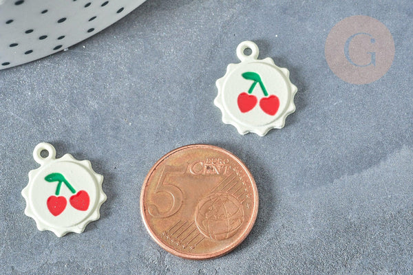 Pendentif soleil cerise rond zamac émail blanc 18mm, création bijoux fruit, x1 (G8041)