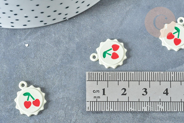 Pendentif soleil cerise rond zamac émail blanc 18mm, création bijoux fruit, x1 (G8041)