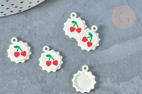 Pendentif soleil cerise rond zamac émail blanc 18mm, création bijoux fruit, x1 (G8041)