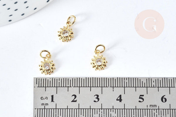 Pendentif soleil laiton doré zircon, pendentif en cristal pour création bijoux porte bonheur pour femme en zircon,10mm, x1 (G4742)