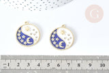 Pendentif soleil lune étoiles bleu zamac doré zircon 27.7mm, x1 (G8088)