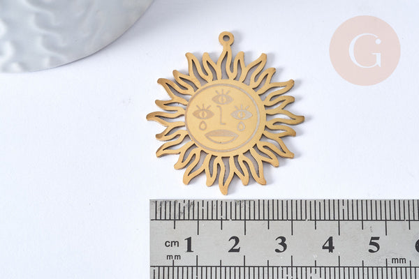 Pendentif soleil mystique acier 201 inoxydable dore 37.5mm, x1 (G5684)