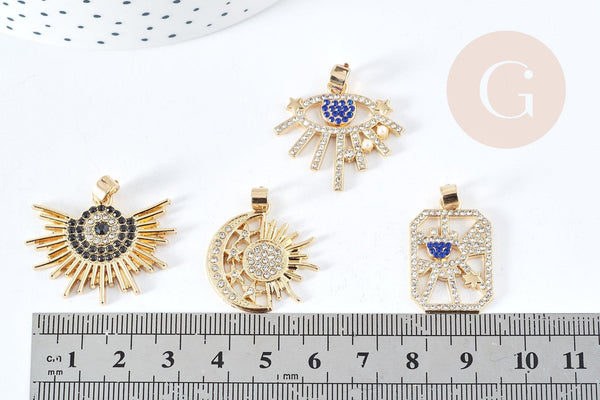 Pendentif soleil oeil protecteur chance zamac doré zircon 18K 13-30mm,Pendentif doré porte-bonheur x1 G7690