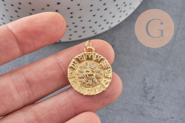 Pendentif soleil zodiaque doré 18K et zircons,pendentif doré horoscope,porte-bonheur,laiton doré, Pendentif soleil,21mm, x1 G4063